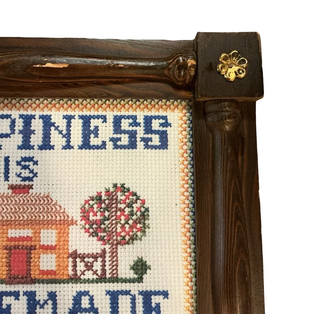 Vintage Happiness is Homemade Cross Stitch Wall Mirror Dark Wood Spindle Frame